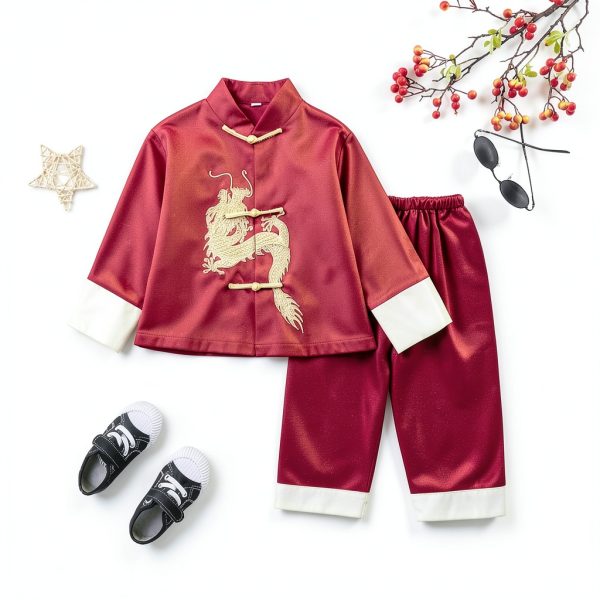Boys Chinese New Year Outfit Red Satin Kung Fu Suit-2