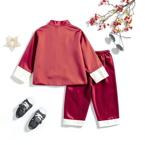 Boys Chinese New Year Outfit Red Satin Kung Fu Suit-3