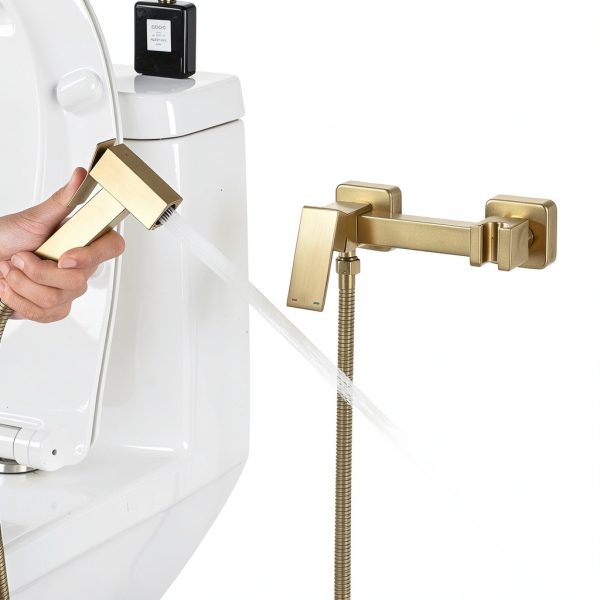 BARROCK Handheld Bidet Sprayer for Toilet Hot and Cold Water, Stainless Steel Warm Water Square Bidet Spray Attachment Set for Muslim Shower, Feminine Hygiene, Pets and Baby Diaper Wash, Brushed Gold-1